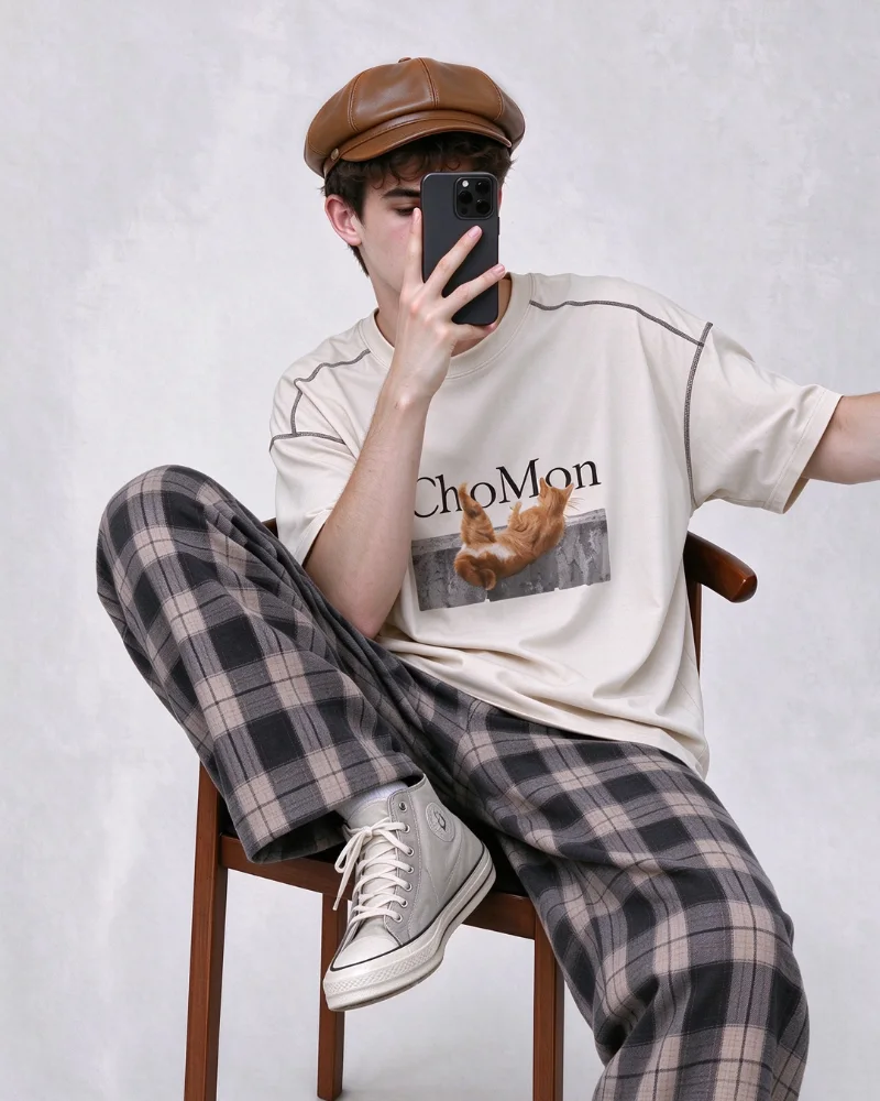 脚滑喵浅米色明线T恤 Wall Cat Stitch Tee
